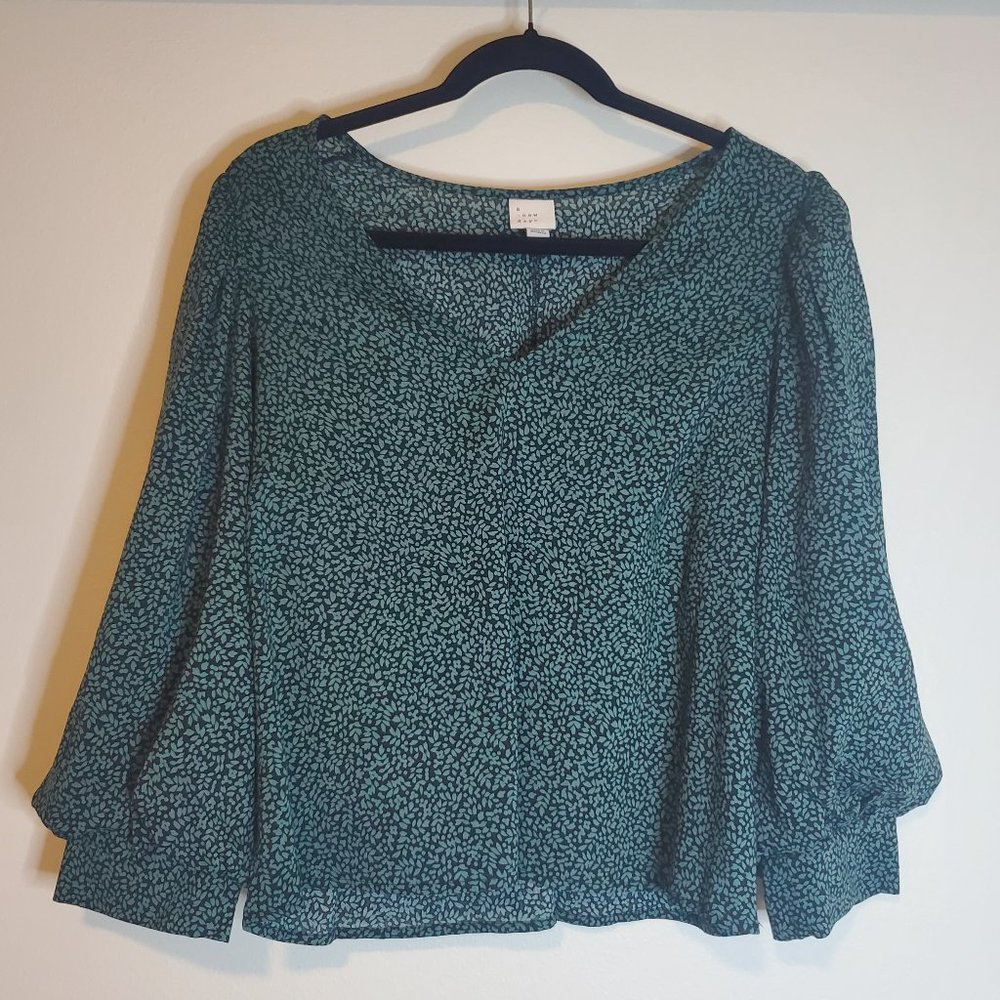 Black Floral Blouse with small green leaf like design
